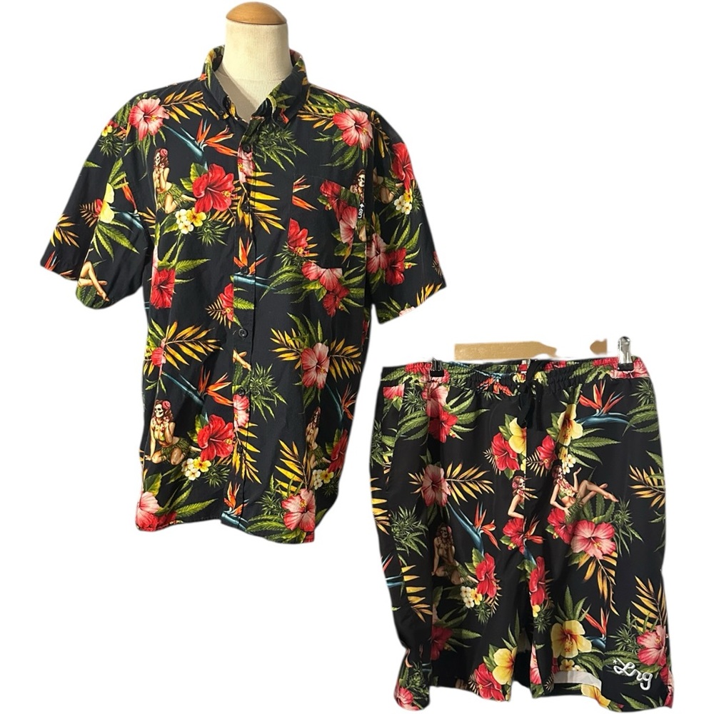 LRG Mens Hawaiian Casual Button Down 2 Piece Set Large Top 3X Shorts